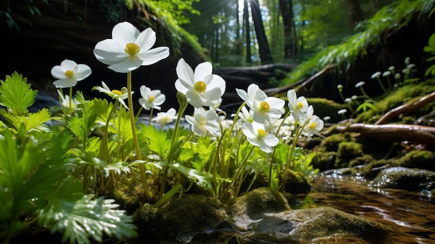 Un primer plano de flores blancas en un bosque con un arroyo que lo atraviesa