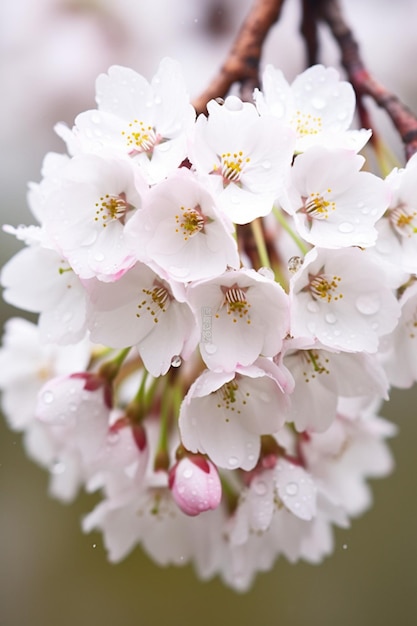 Foto un primer plano de las flores de cerezo con el rocío matinal que destaca la frescura de la primavera