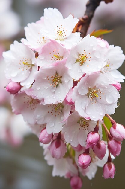 Un primer plano de las flores de cerezo con el rocío matinal que destaca la frescura de la primavera