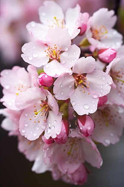 Un primer plano de las flores de cerezo con el rocío matinal que destaca la frescura de la primavera