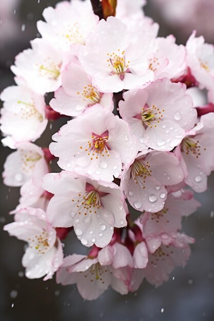 Un primer plano de las flores de cerezo con el rocío matinal que destaca la frescura de la primavera