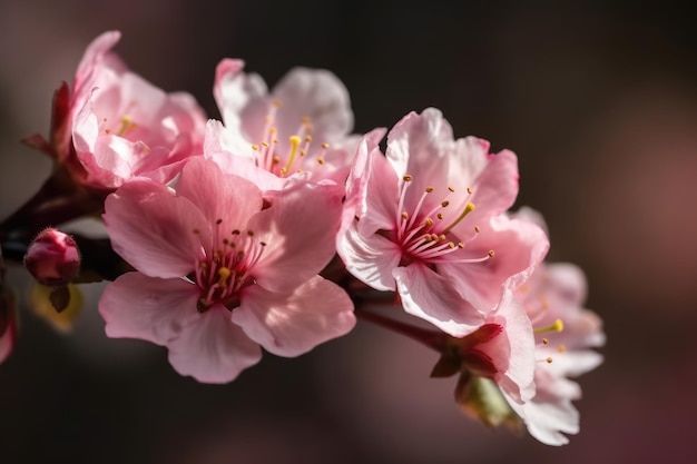 Primer plano de las flores de cerezo rosadas con fondo oscuro