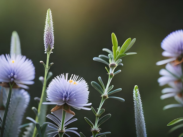 Un primer plano de flores de color púrpura con una planta verde en el fondo