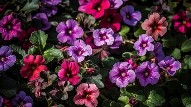 Un primer plano de flores de color púrpura y rosa en un jardín.