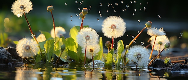 Un primer plano de las flores de diente de león con gotas de agua