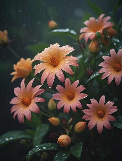 Un primer plano de flores empapadas de lluvia en un jardín que muestra la resiliencia y la belleza de la naturaleza durante
