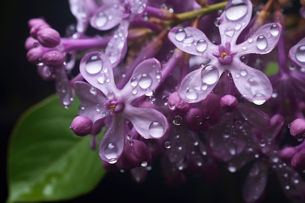 Primer plano de flores lilas con gotas de rocío creadas con ai generativo