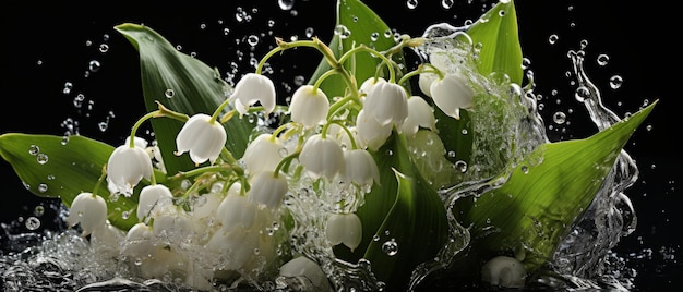 Un primer plano de las flores del lirio del valle con gotas de agua