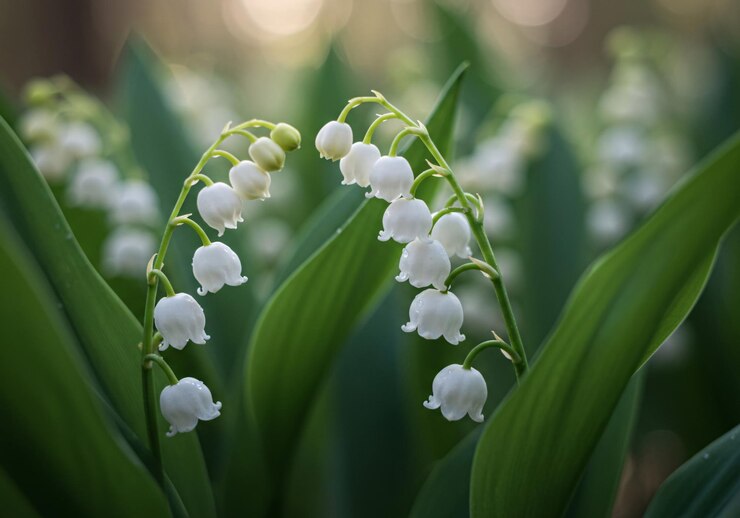 Un primer plano de las flores del lirio del valle