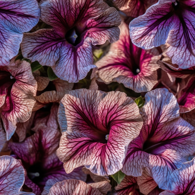 Un primer plano de flores moradas y rojas con la palabra petunia en la parte inferior.