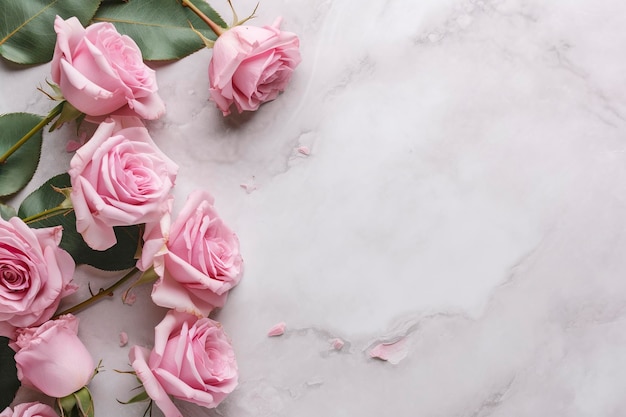 Primer plano de flores y pétalos de rosas rosadas florecientes aisladas en el fondo de la mesa blanca Composición de marco floral Banner web decorativo Espacio vacío plano Vista superior AI Generativo