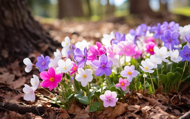 Un primer plano de las flores de primavera rosadas, púrpuras y blancas