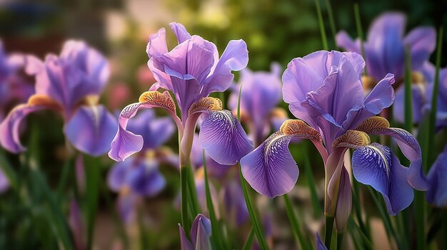 Primer plano de las flores púrpuras del iris japonés IA generativa