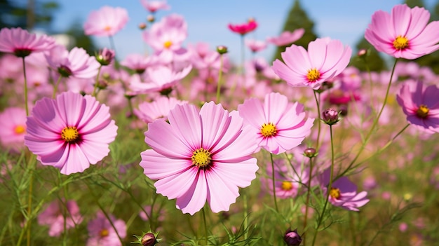 Un primer plano de las flores rosadas del cosmos en el campo en un día soleado