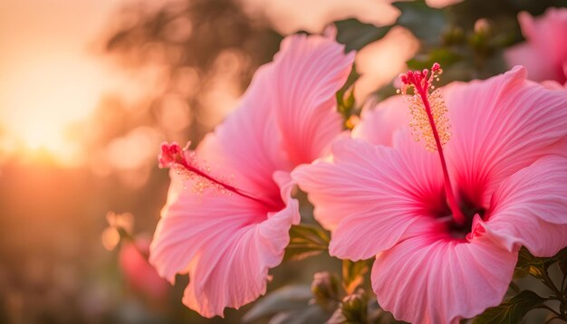 un primer plano de flores rosadas con el sol detrás de ellas