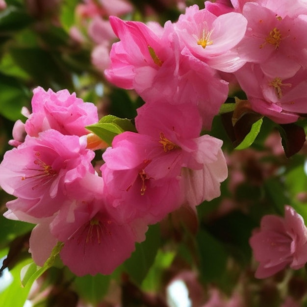 Un primer plano de flores rosas en una flor de cerezo
