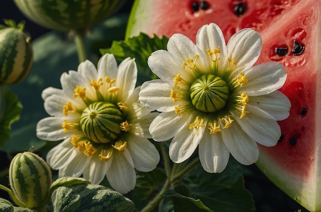 Un primer plano de las flores de la sandía en flor