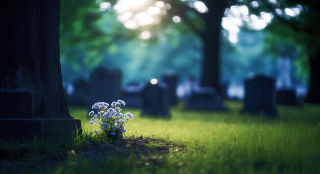 Un primer plano de flores silvestres en el haz de luz que crecen en la hierba cerca de una lápida en un antiguo cementerio