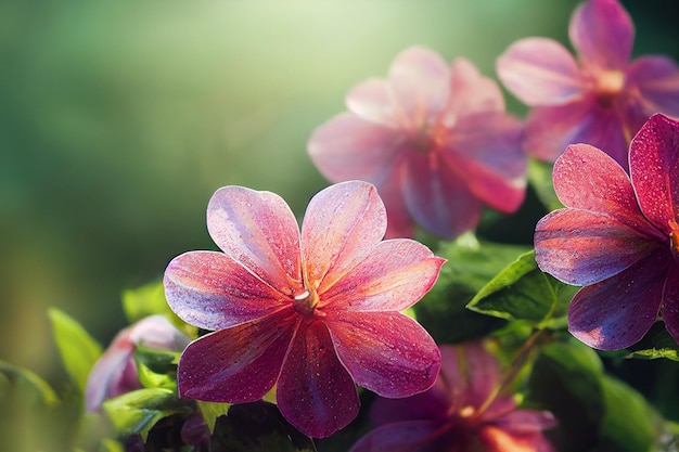 Un primer plano de flores con el sol brillando sobre ellas