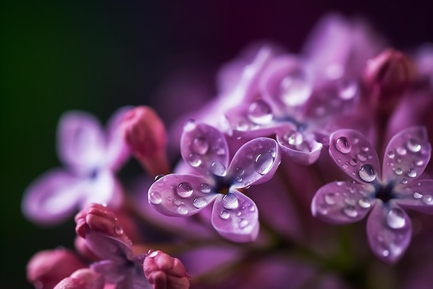 Un primer plano de flores violetas con gotas de agua sobre ellas