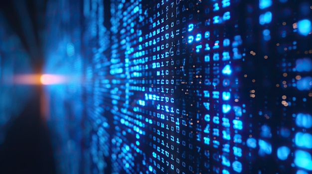 Un primer plano de un flujo dinámico de datos digitales que brilla en azul en una interfaz de ciberseguridad que representa el flujo de información en una red