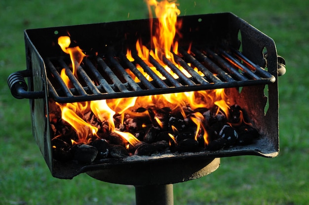 Primer plano de una fogata en una parrilla de barbacoa