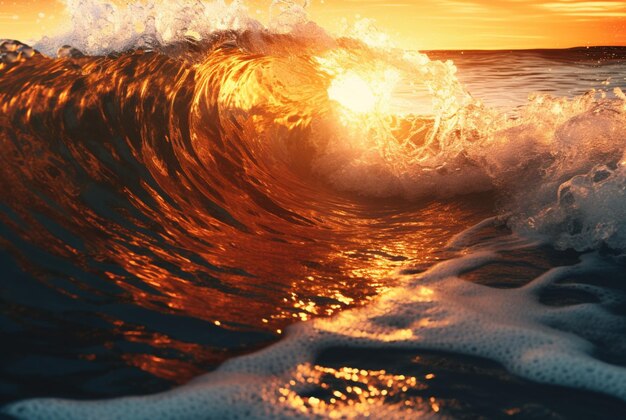 Primer plano de fondo de agua de olas de playa hermosa con ai generativo de puesta de sol