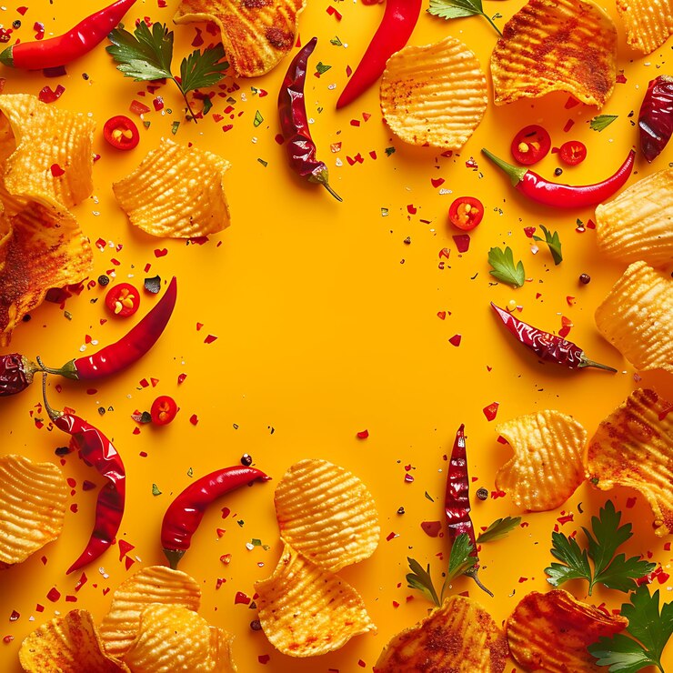 un primer plano de un fondo amarillo con papas fritas y chile