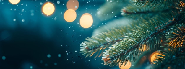 Primer plano del fondo del árbol de Navidad con luces navideñas y copos de nieve Fondo de vacaciones de año nuevo