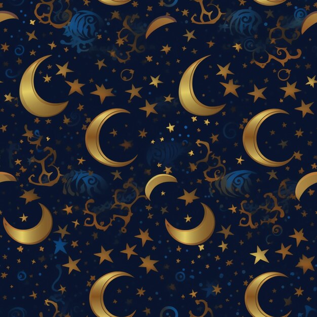 un primer plano de un fondo azul con estrellas doradas y medias lunas generativas ai