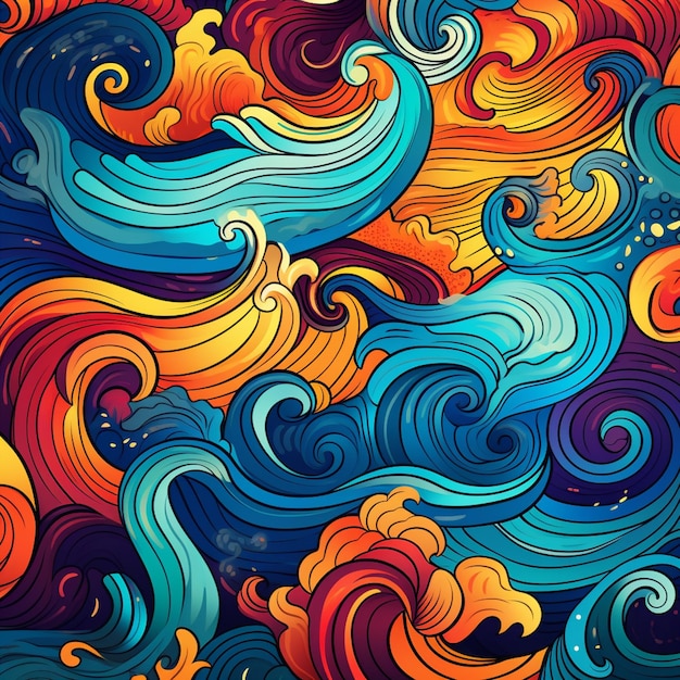 un primer plano de un fondo colorido con olas y nubes ai generativa