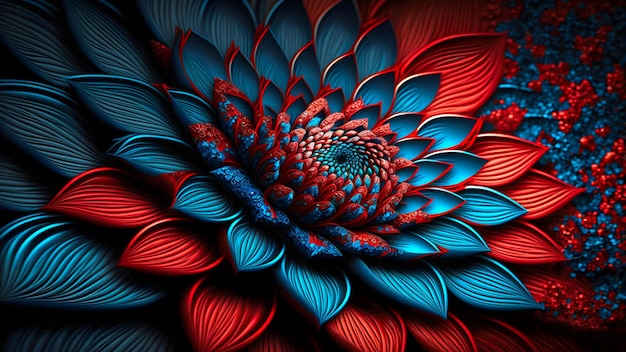 Primer plano de fondo de fotograma completo de arte generado por red neuronal de flor de pétalo rojo y azul