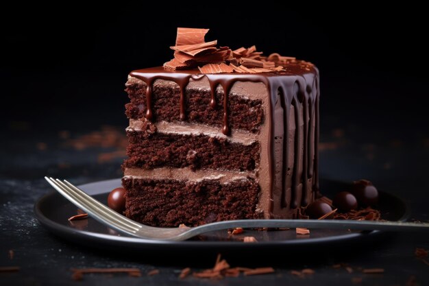 Un primer plano de un fondo gris con una rebanada de pastel de chocolate y un cuchillo