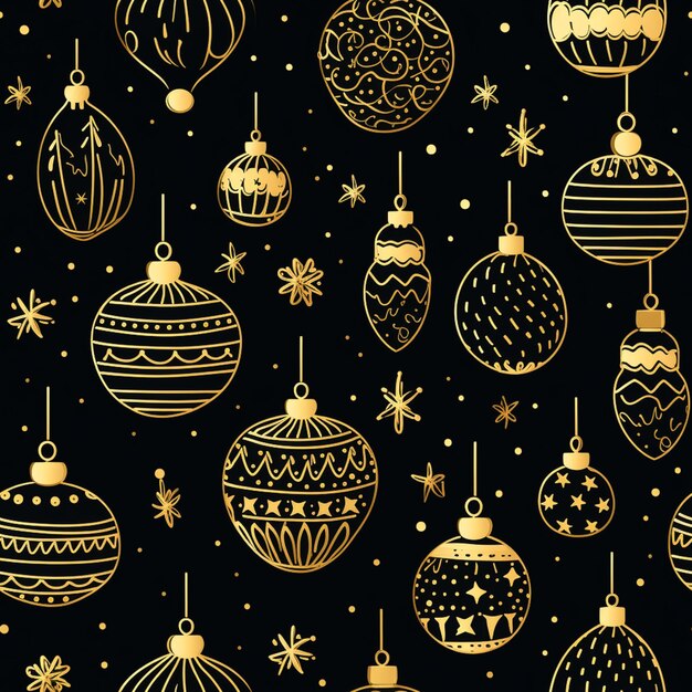 un primer plano de un fondo de Navidad negro y dorado con adornos generativos ai