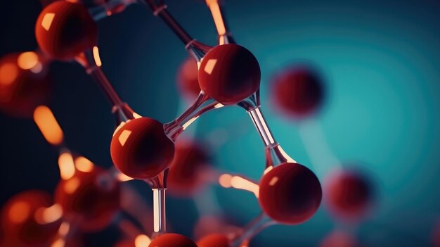 Un primer plano de un fondo rojo y azul con una estructura molecular en el medio.