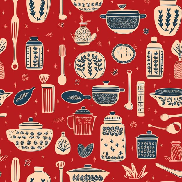 Foto un primer plano de un fondo rojo con un montón de artículos de cocina generativos ai