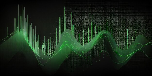 Primer plano de fondo verde y negro con gran número de ondas de sonido generativas ai