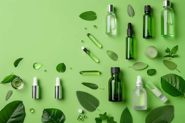 un primer plano de un fondo verde con varias botellas de cosméticos generativos ai