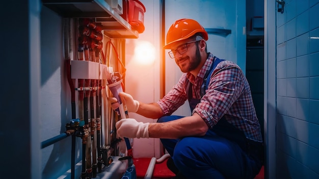 Foto primer plano de un fontanero trabajando con tuberías de agua mientras instala el sistema de calefacción en un apartamento