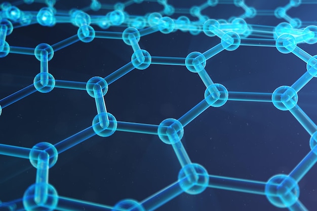 Primer plano de forma geométrica hexagonal de nanotecnología abstracta, concepto de estructura atómica de grafeno, concepto de estructura molecular de grafeno. Concepto científico, Ilustración 3D