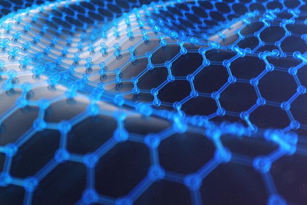 Primer plano de forma geométrica hexagonal de nanotecnología abstracta, concepto de estructura atómica de grafeno, concepto de estructura molecular de grafeno. Concepto científico, Ilustración 3D
