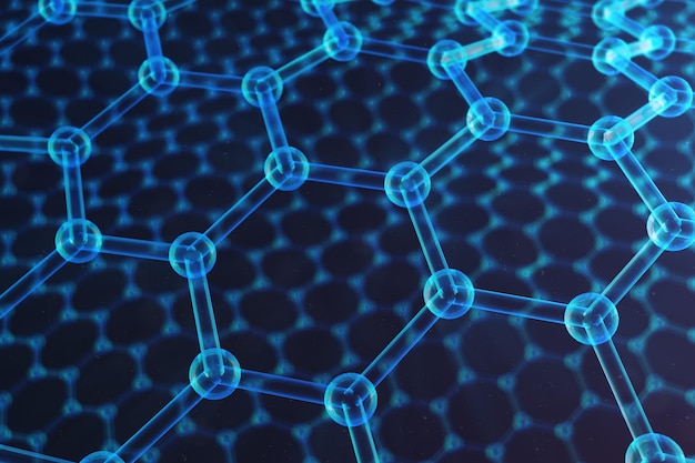 Primer plano de forma geométrica hexagonal de nanotecnología abstracta, concepto de estructura atómica de grafeno, concepto de estructura molecular de grafeno. Concepto científico, Ilustración 3D