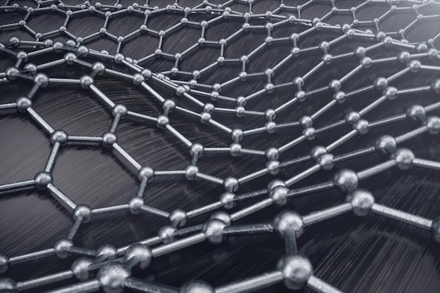 Primer plano de forma geométrica hexagonal de nanotecnología abstracta de representación 3D. Concepto de estructura atómica de grafeno, estructura de carbono.