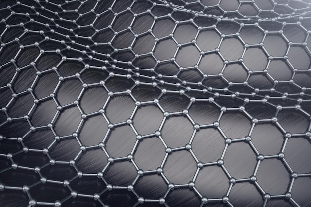 Primer plano de forma geométrica hexagonal de nanotecnología abstracta de representación 3D. Concepto de estructura atómica de grafeno, estructura de carbono.