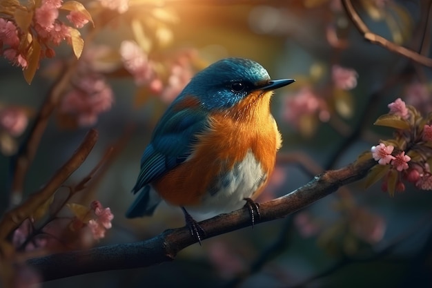Primer plano de la foto de un pájaro salvaje en la madera en un jardín de flores