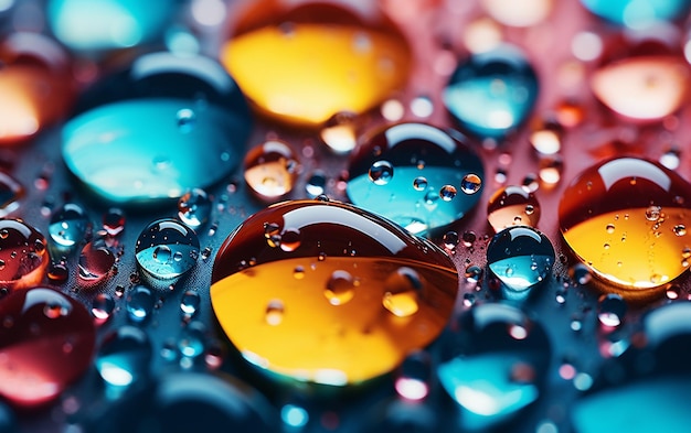 Primer plano Fotografía abstracta Gotas de agua coloridas IA generativa