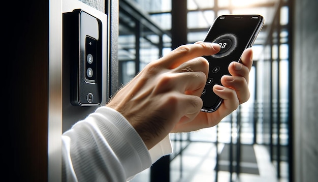 Foto un primer plano de fotografía digital de una persona con la mano en una manga blanca sosteniendo un teléfono inteligente negro de nuevo