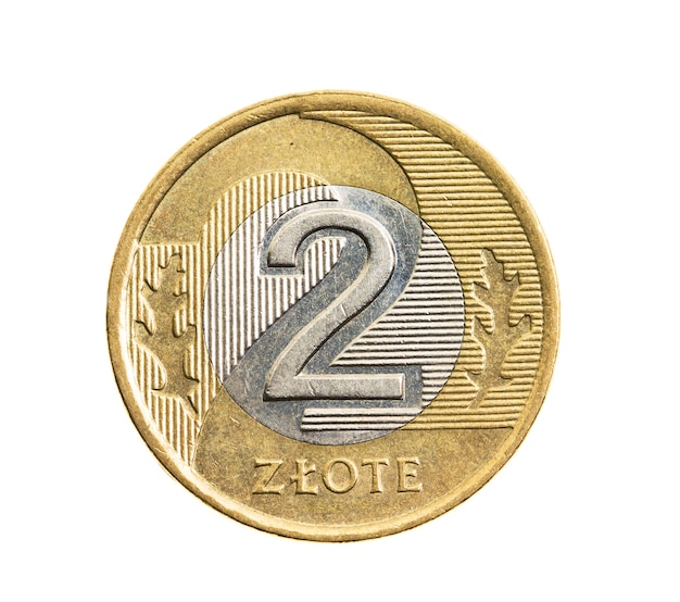 Primer plano fotografiado en moneda blanca, Zloty polaco