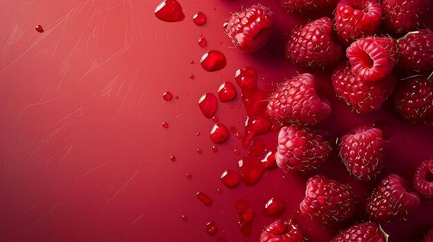 Foto primer plano de frambuesas frescas maduras con gotas de agua sobre un fondo rojo