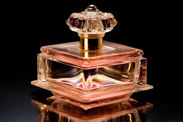 un primer plano de un frasco de perfume con un reflejo en una mesa ai generativa